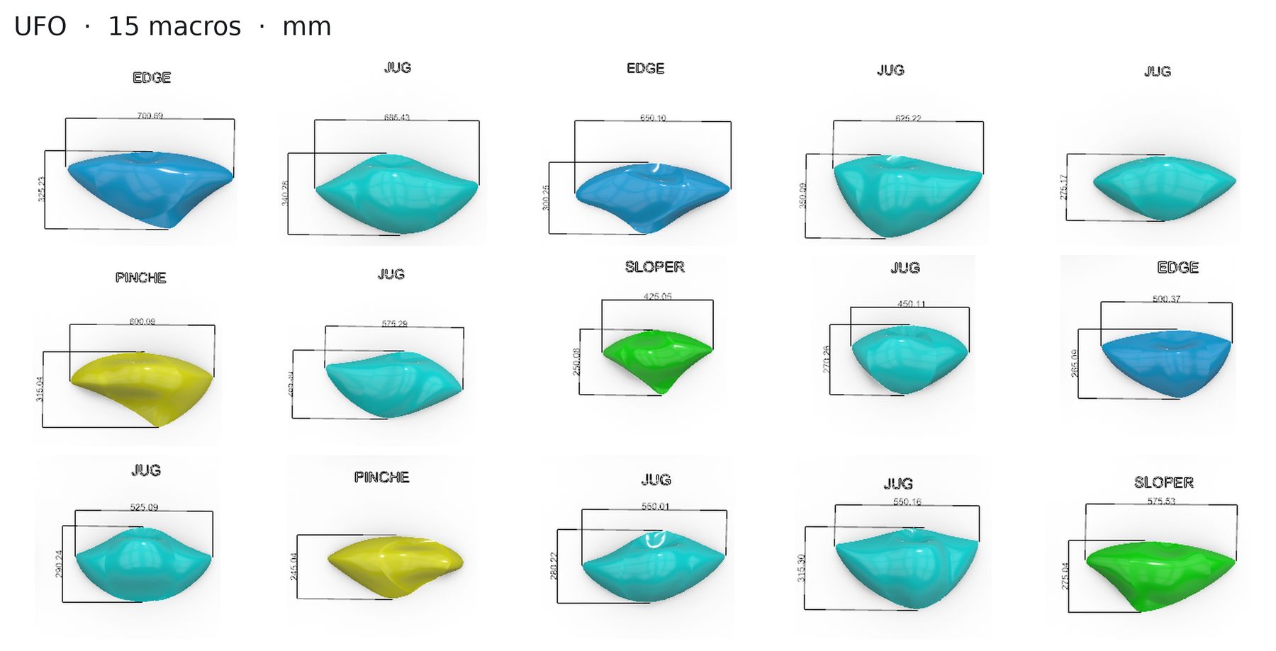 All 15 UFO macros with dimensions in mm